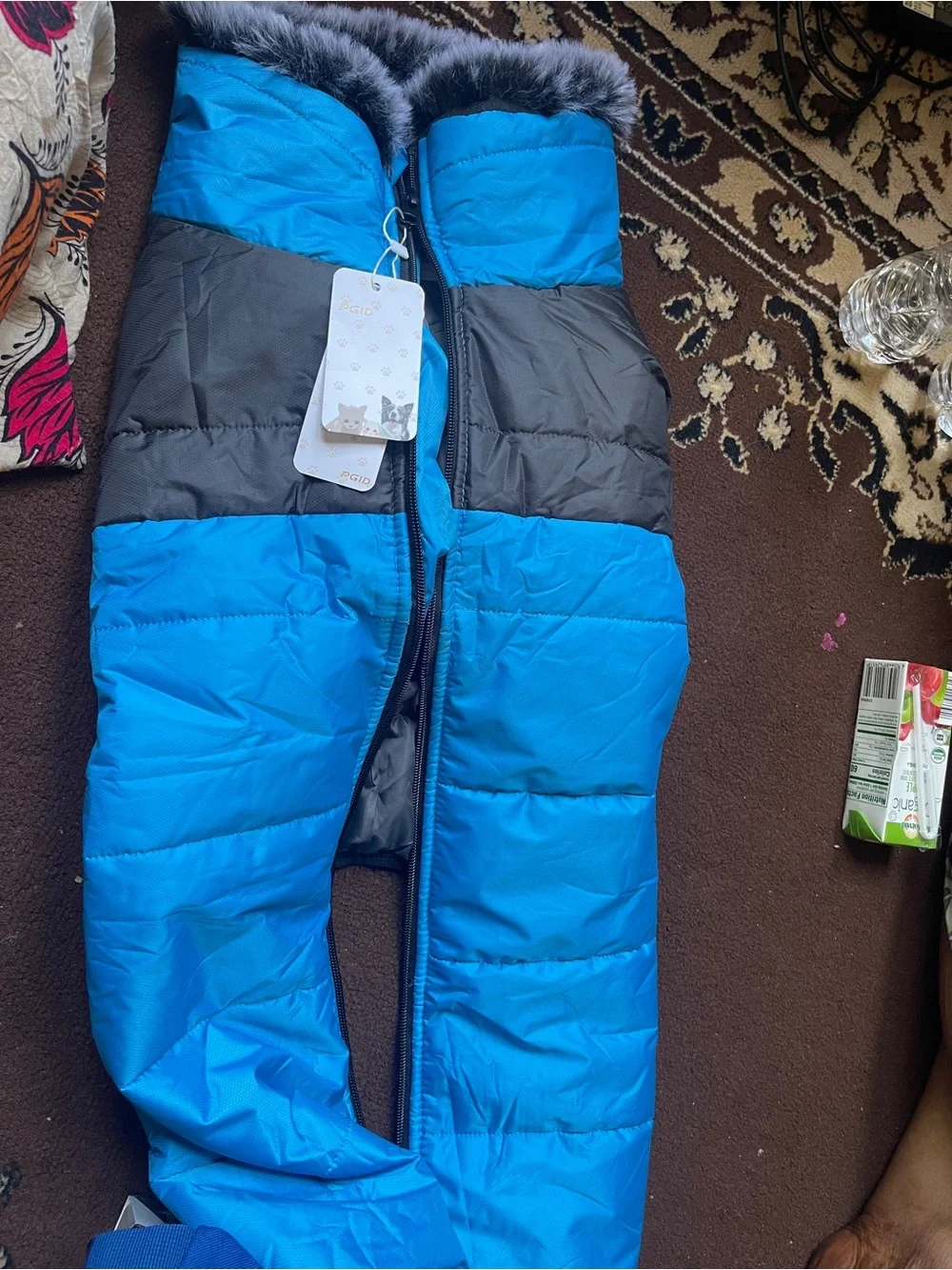 Cozy Blue & Gray Quilted Dog Coat with Faux Fur Hood - Unbranded